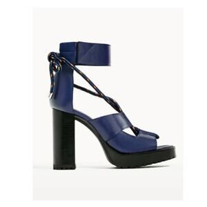 Zara Blue Leather Chunky Heel Open Toe Sandals Bungee Cord Laces 6
